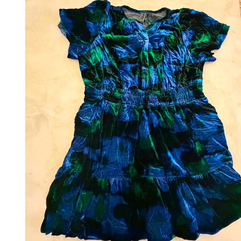 Anthropologie Plus Velvet Mini Dress 1X Blue Green Abstract Smocked Tiered NWT